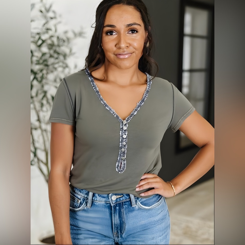Lace Trim Button Up Short Sleeve Top